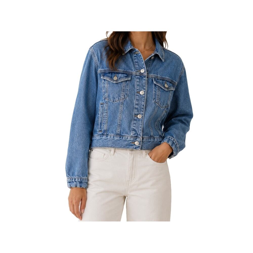Topshop Cropped Denim Jacket Medium Wash Boxy Trucker Cotton US 8